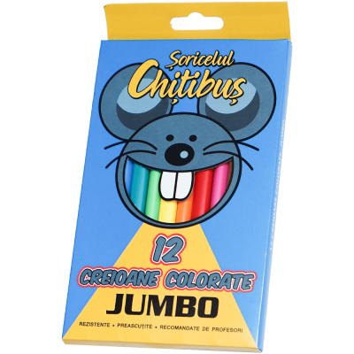 Creioane colorate Jumbo 12 buc preascutite pentru copii, Soricelul Chitibus